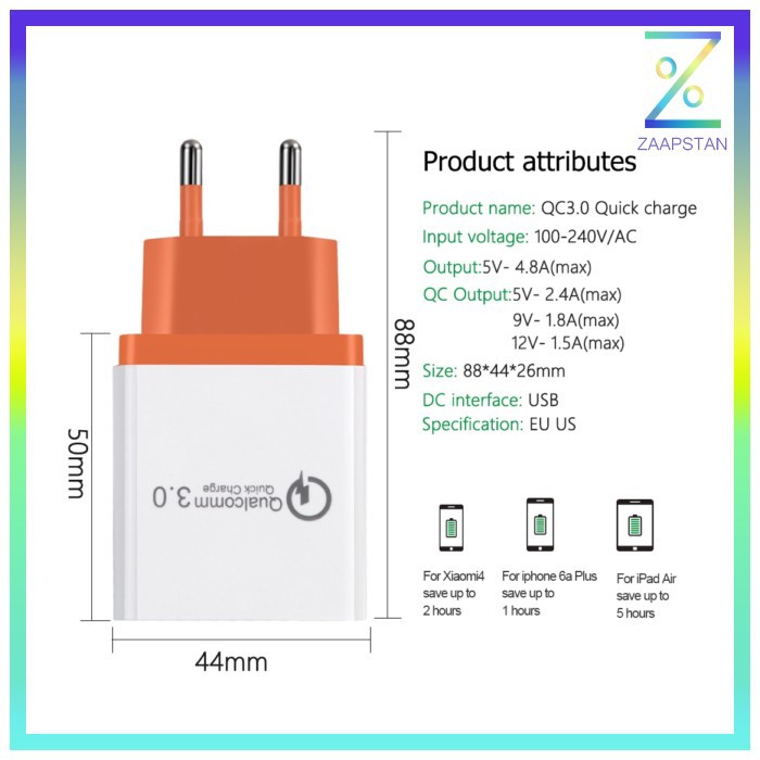 Taffware Charger USB 3 Port Qualcomm QC 3.0 EU Plug - AR-QC-03 - Black