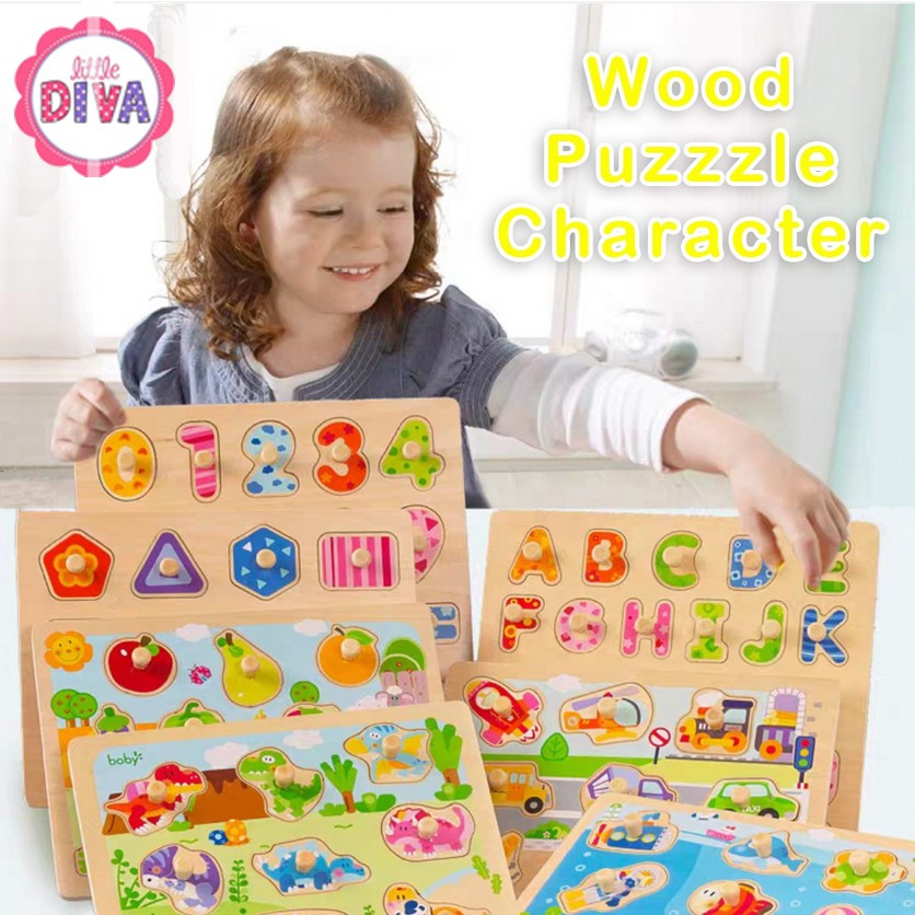 WOOD EDUCATION PUZZLE Knob Mainan Kayu Edukatif Model Puzle Angka Huruf Abjad Geometri Bentuk Shapes