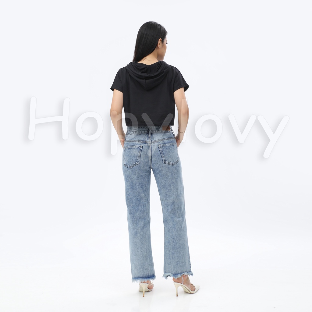 HOPYLOVY Celana Boyfriend Jeans Wanita Highwaist Jeans Rawis Double Button Gista