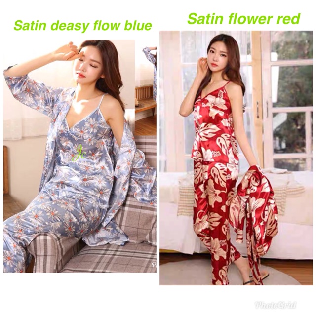 JC- Set 3in1 Satin Import PP / Set Kimono 3in1 import / Piyama kimono set murah