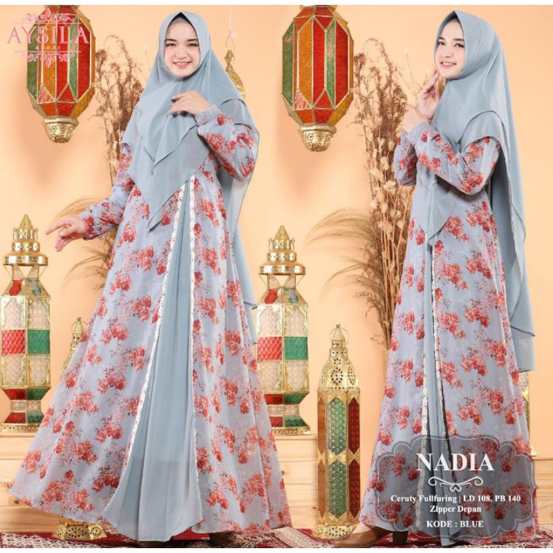 Gamis syari set motif bunga gamis syari ceruti motif flowery gamis busui Nadia Ori by Aysila