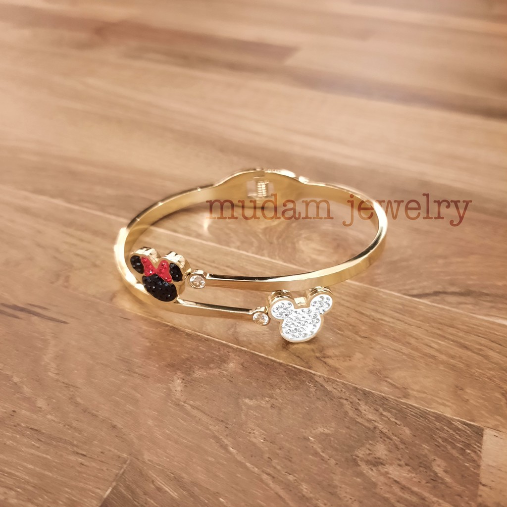 Gelang Bangle Titanium Dua Minnie Dengan Diamonds Artifisial Untuk Wanita Dewasa Tersedia Warna Rose Gold dan Gold