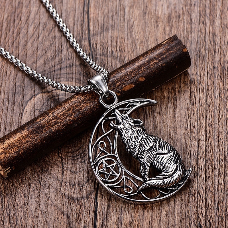 New fashion Pentagram MOON WOLF pendant necklace for men's punk jewelry