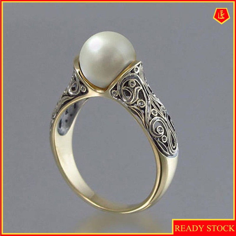 [Ready Stock]Inlaid Natural Freshwater Pearl Ring 14K Gold Retro Silver Accessories