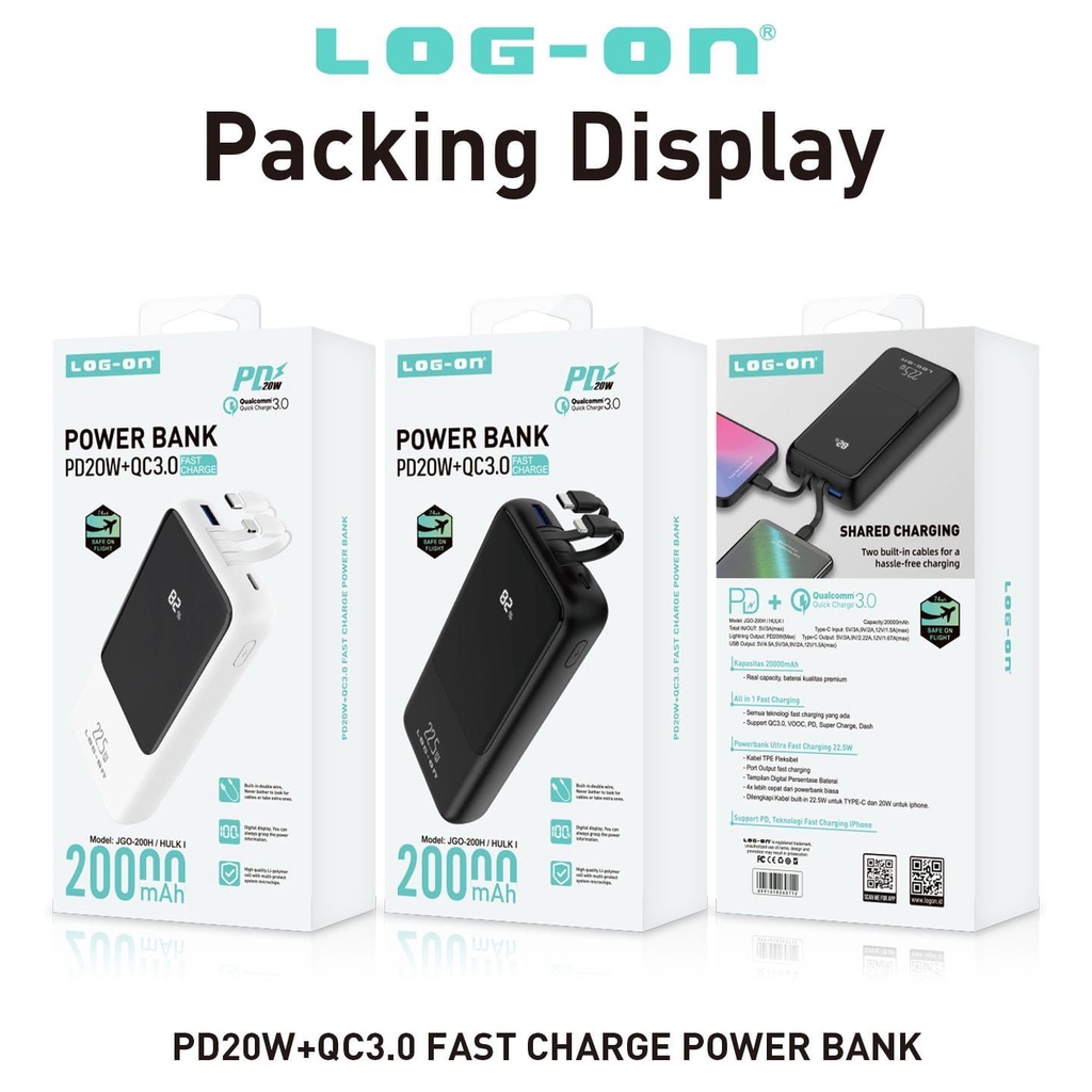 NEW PROMO LOG ON POWERBANK HULK 1 JGO-200H LCD PD 20W + QC 3.0 FAST CHARGE KAPASITAS 20.000MAH -REAL CAPACITY, BAT KUALITAS PREMIUM  ALL IN 1 FAST CHARGING -SUPPORT QC 3.0, VOOC, PD, SUPER CHARGE, DASH