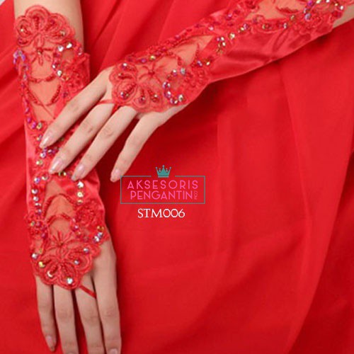 [PRODUK FAVORIT] SARUNG TANGAN RENDA MERAH FINGERLESS AKSESORIS PENGANTIN STM006