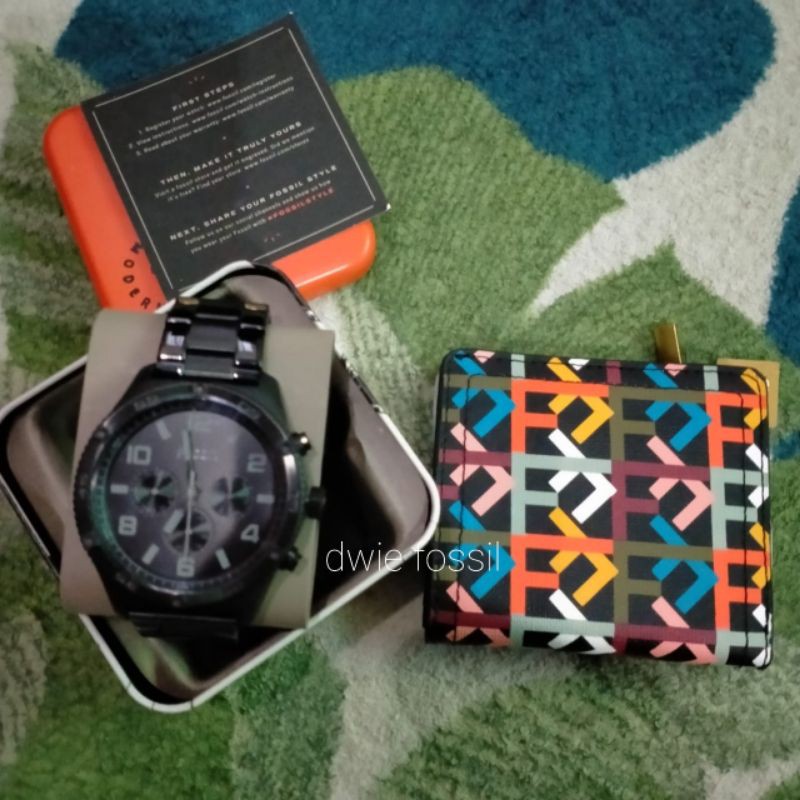 Jam Fossl Brox Multifunction Black Steel Watch BQ2532 & Dompet Fossl Logan Mini Retro Original