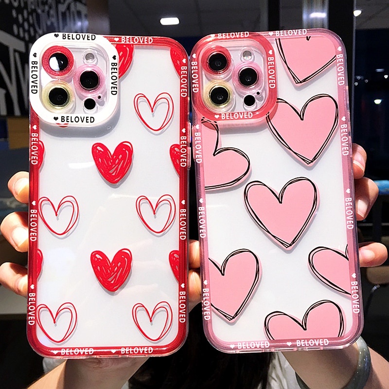 Soft Love Heart Transparent Phone Case For iphone 11 12 13 Pro Max X XS max XR 7 8 Plus SE 2020 Bumper Shockproof Back Cover