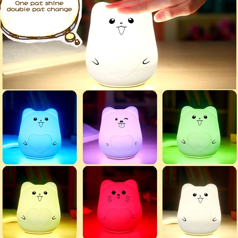Lampu Tidur silikon kucing anjing babi pikachu LED animal Silicone Rechargeable Squishy Night Lamp - lampu meja kamar tidur 7 warna