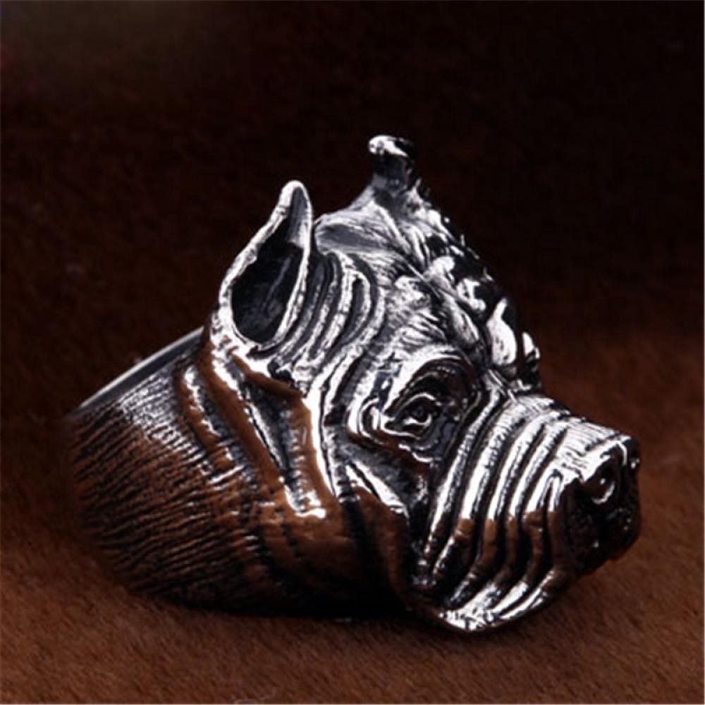 Cincin Desain Anjing Pitbull Gaya Vintage Punk Warna Silver untuk Pria