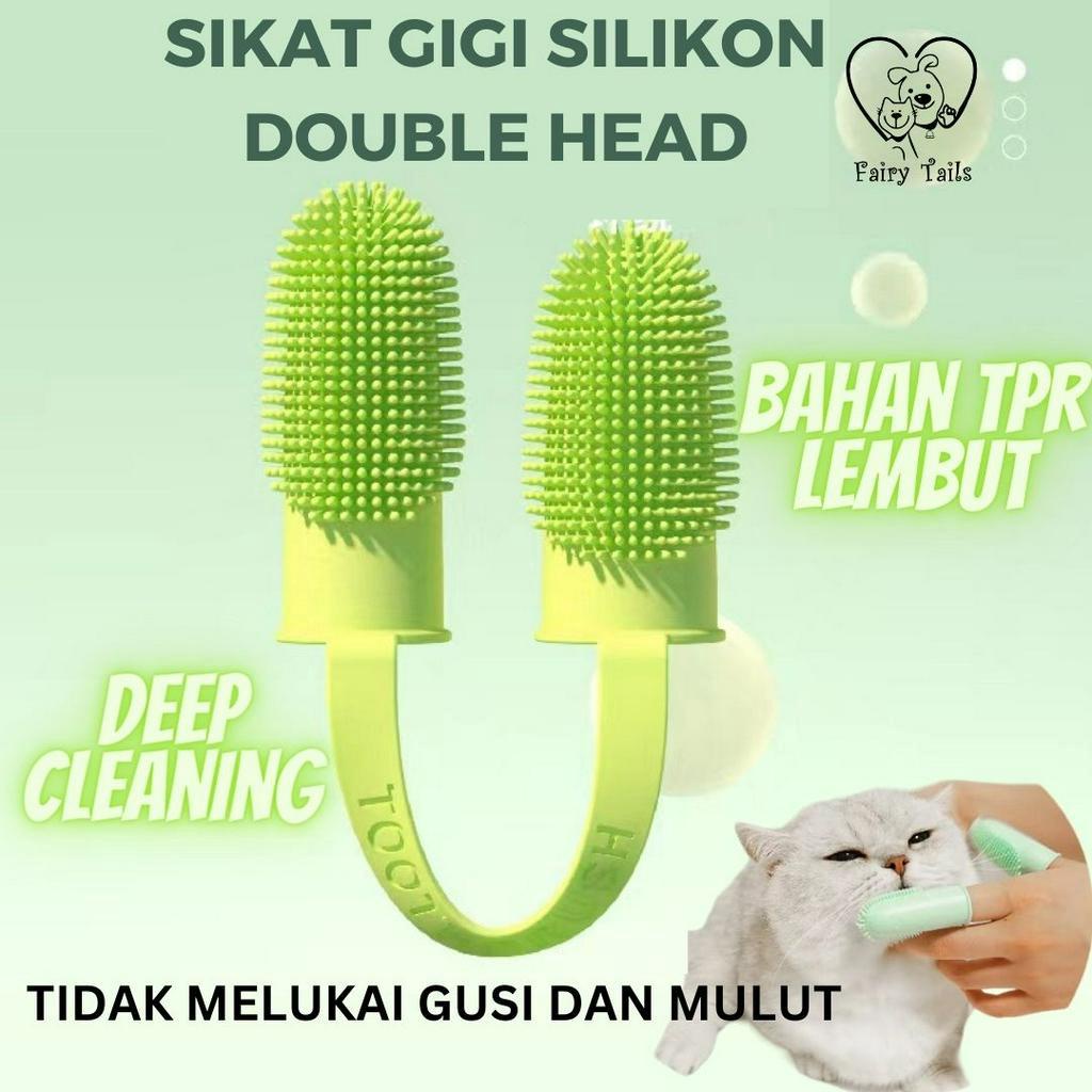 Sikat Gigi TPR Double Finger Kepala Ganda untuk Anabul Kucing dan Anjing Bahan Silikon TPR Lembut dan Tahan Lama Efektif Mengangkat Plak Gigi / Pet Cat Dog TPR Silicone Double Finger Toothbrush