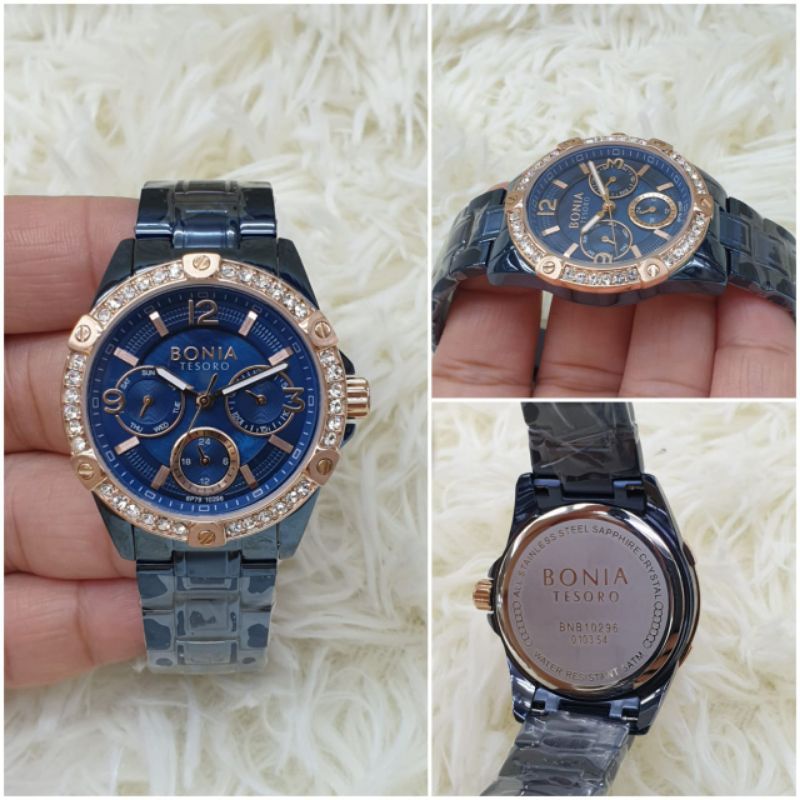 JAM TANGAN WANITA BONIA TESORO BNB10296 BIRU ROSEGOLD DIAMOND STAINLESS KUALITAS SUPER