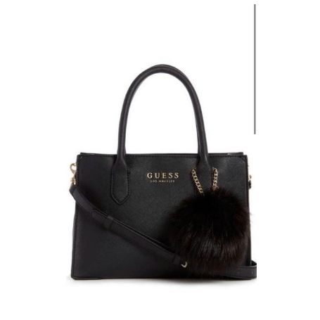PROMO NEW GUESS TAS TOP HANDLE WITH POMPOM L50 100% ORIGINAL - Hitam