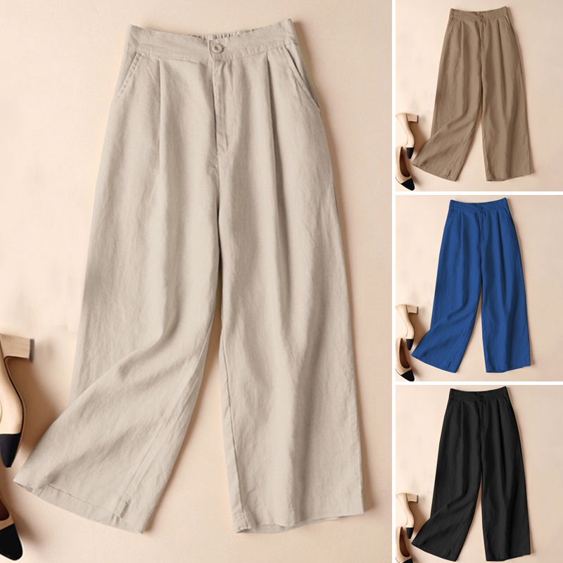 ZANZEA Women Plain Cotton Long Harem Pants Loose Elastic Waist Wide Legged Pants