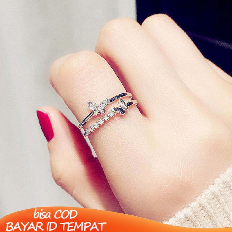 COD✨Cincin Terbuka Wanita kupu-kupu Anti Karat Dan Anti Luntur Ganda Berlian Ekor cincin jari telunjuk Sederhana Aksesoris Simple Murah Fashion