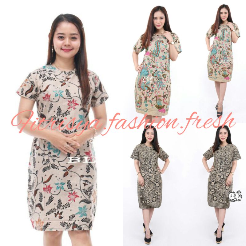 TUNIK DRESS BATIK WANITA JUMBO XXXXL / 4L LENGAN PENDEK MOTIF TERATAI DAN MERAK KOMBINASI
