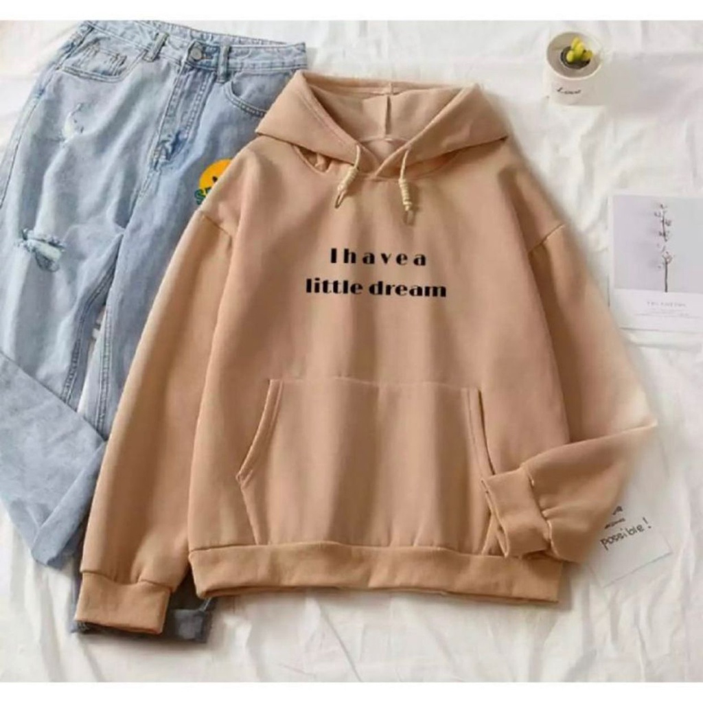 LITTLE DREAM Sweater Hoodie Wanita Bahan Fleece-Mocca