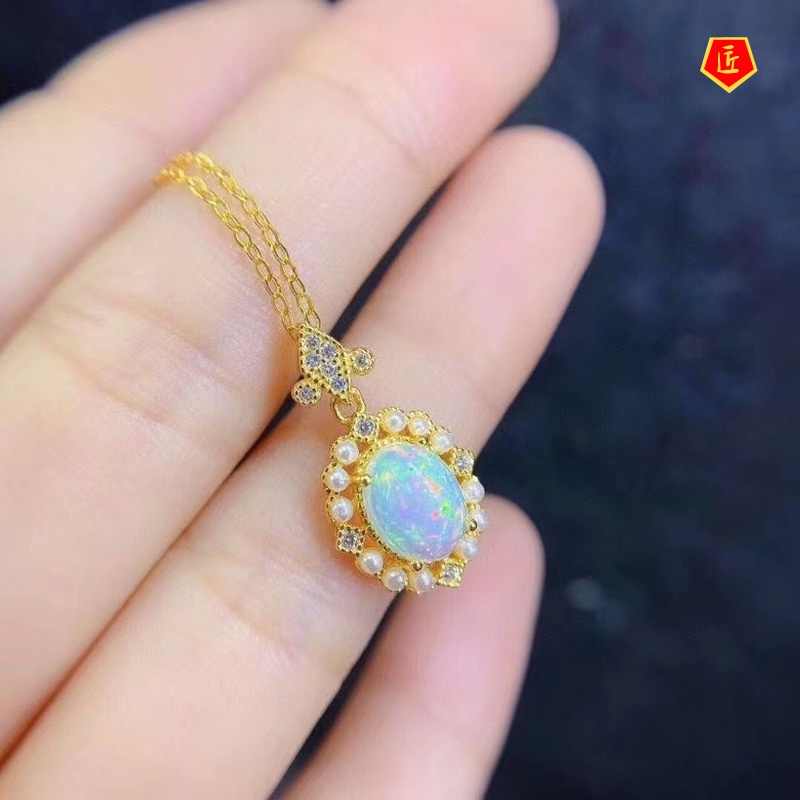 [Ready Stock]Natural Opal Ring Luxury Colored Gems Necklace and Earring Suit