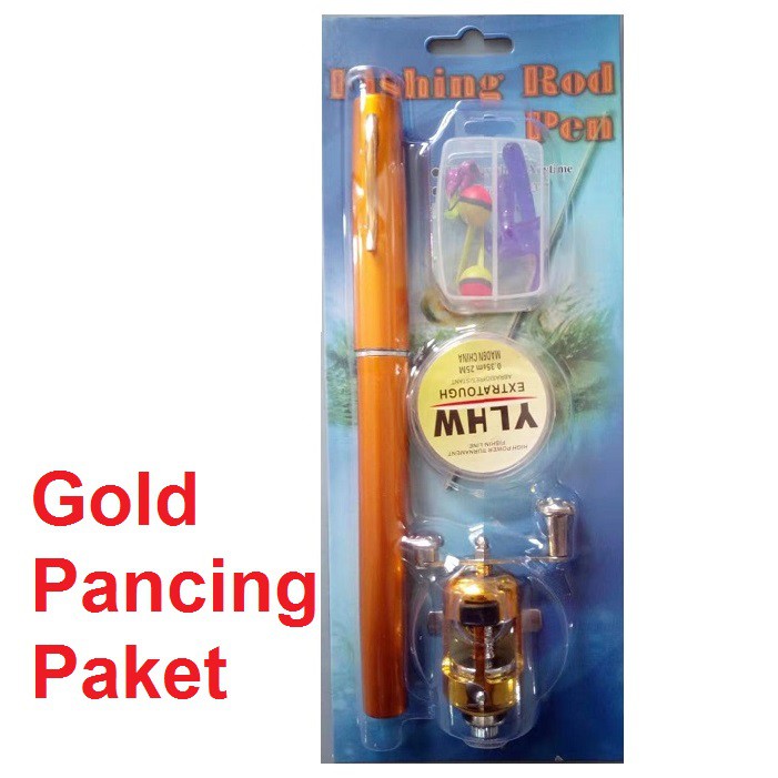 Pancingan Pulpen Mini Fishing Rod Pen Joran Pancing Pulpen Pancingan Portable Alat Pancing Paket-Gold Pena Paket