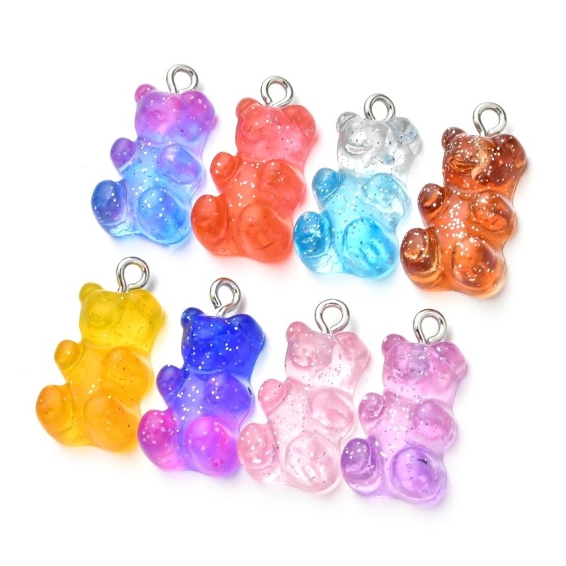 10 / 50pcs Gantungan Kunci Bentuk Beruang Gummy Bear Bahan Resin Jelly Transparan Warna Gradasi