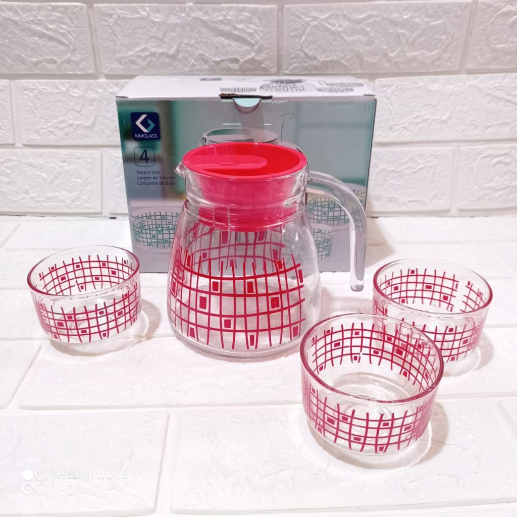 Teapot kim glass motif /gelas motif/KIMGLASS  4 Teko Set Gelas 4pcs Motif/gelas dan teko motif