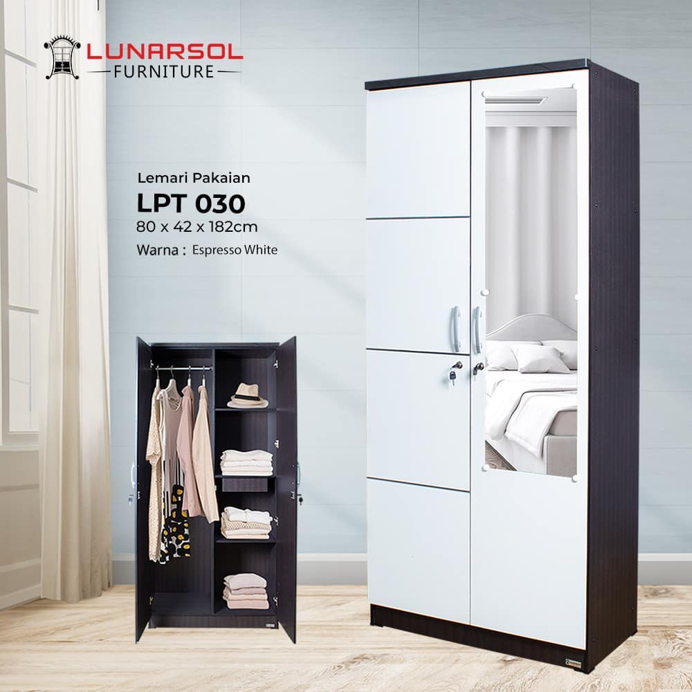 [DIRAKIT] Lemari Pakaian 2 Pintu Kaca 030 Tanpa Laci Espresso White Termurah Minimalis Lemari baju L