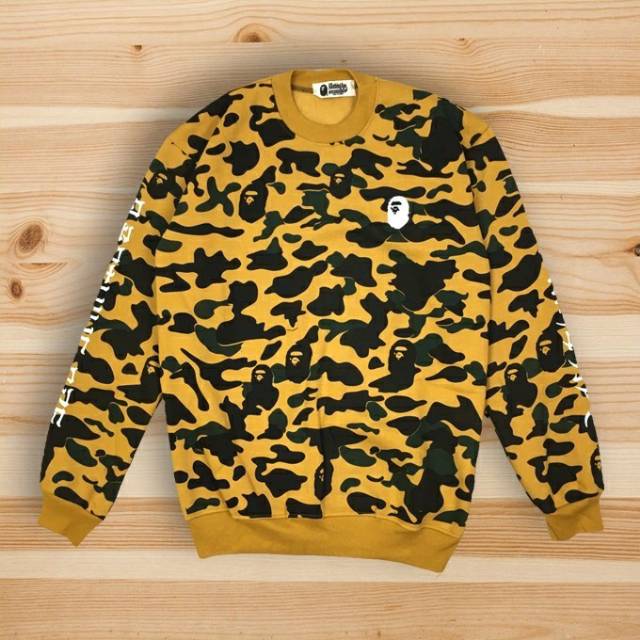 CREWNECK SWETER JAKET A BATHING APE BAPE SMALL FACE SLEEVE  SCRIPT CAMO ARMY YELLOW LIKE ORI