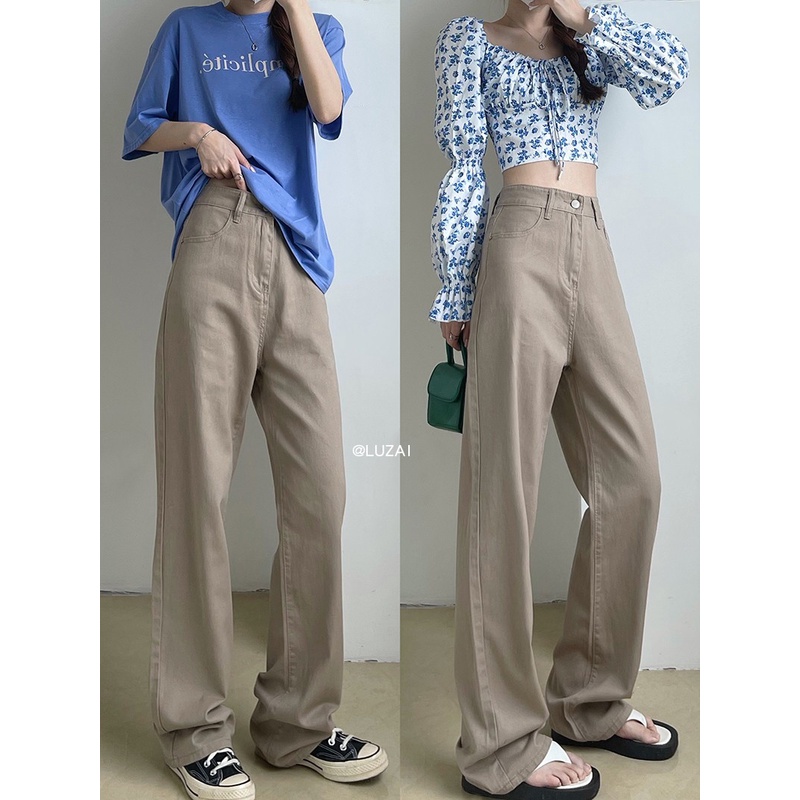 new khaki celana jeans high waist wanita kulot