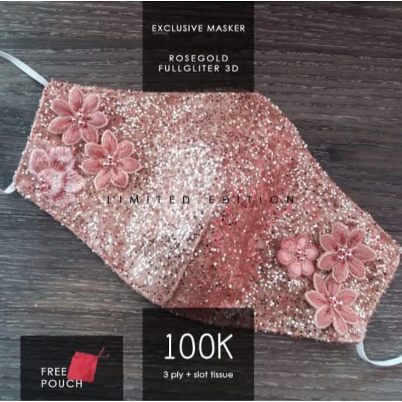 ROSEGOLD FULL GLITER 3D..MASKER KAIN BRUKAT PREMIUM.. MASKER FASHION/MASKER PESTA