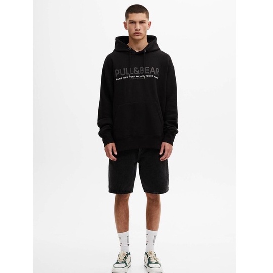 Sweater Hoodie Pria Pull&amp;Bear Blue Denim &amp; Hitam Premium