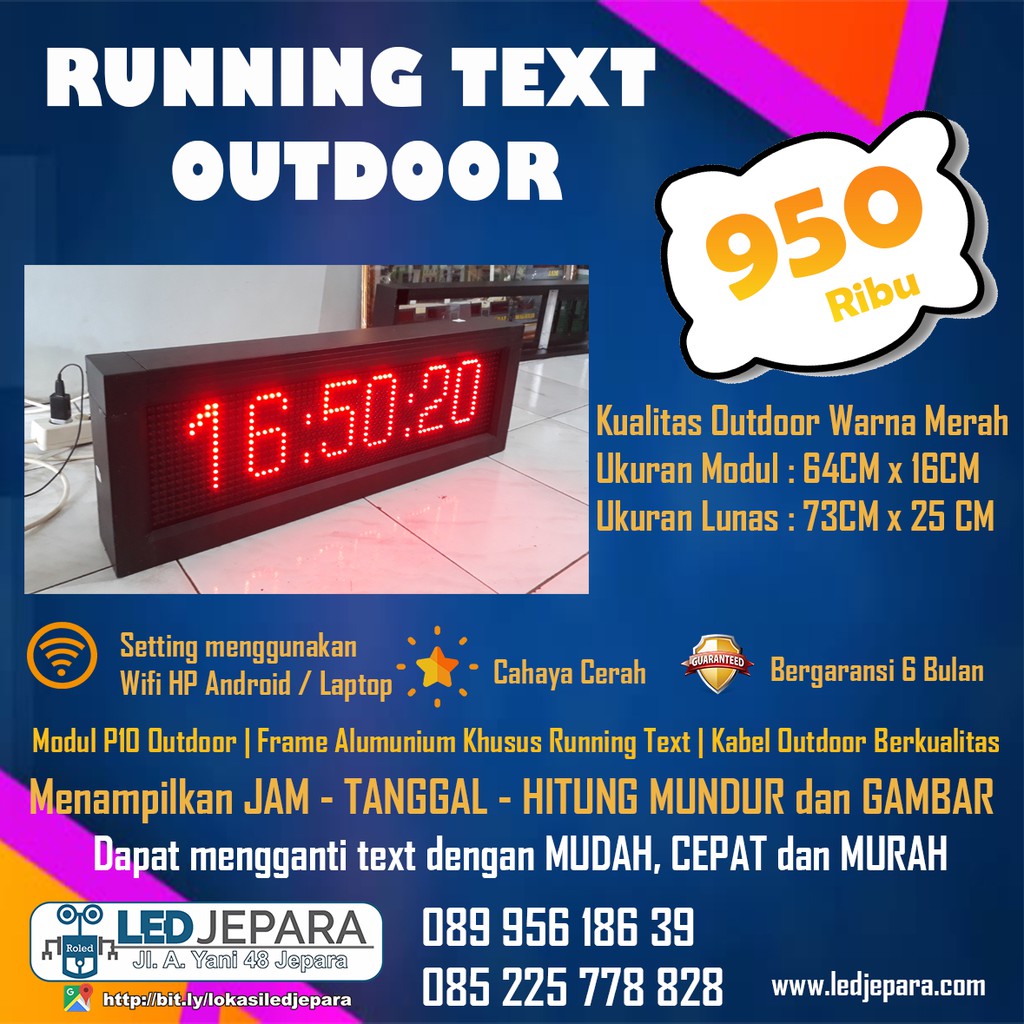 Running Text Outdoor Warna Merah Ukuran 64x16 CM Bergaransi