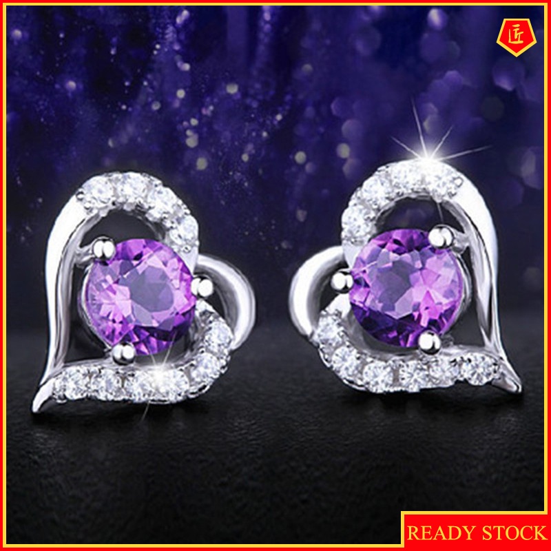 [Ready Stock]Silver Heart-Shaped Amethyst Stud Earrings for Women