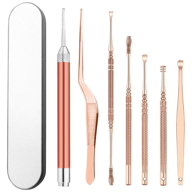 Biutte.co Pembersih Telinga Korek Kuping Ear Spoon Wax Picker with LED Light 7 PCS - Rose Gold (JC9) Alat Pembersih Telinga / Korek Telinga / Korek Kuping Besi / Korek Kuping Besi / Pembersih Kuping / Pembersih Telinga Stainless