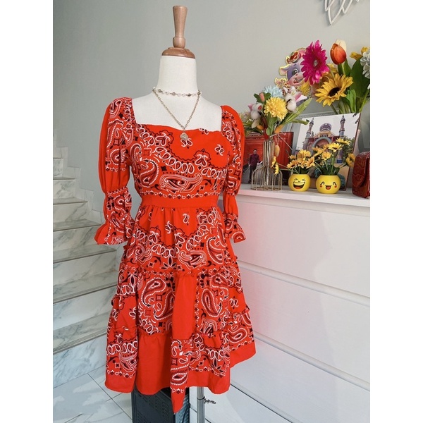 dress momo import,dress wanita import motif corak batik.mini dress korean  import murah