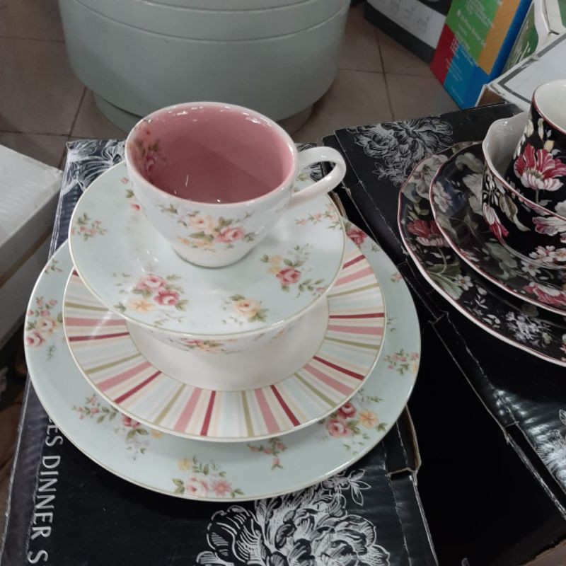 SHABBY DINNER SET TEA SET CANGKIR KERAMIK SANGO MOTIF BUNGA PASTEL KOLEKSI DEKOR CANTIK
