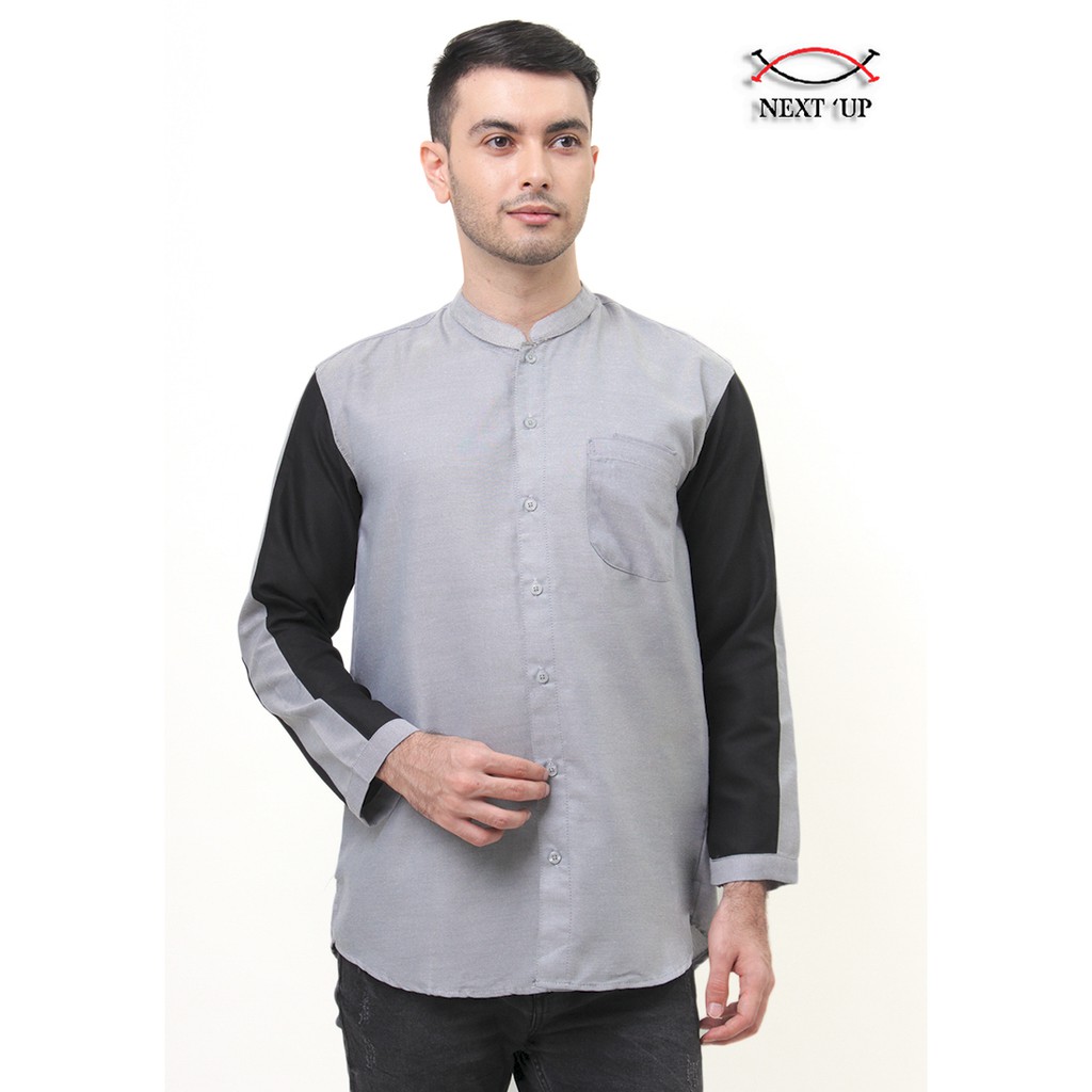 Kemeja Baju Koko Muslim Pria Lengan Panjang 100% Cotton ( S M L XL ) Regular Fit - Krem Ungu Abu - S