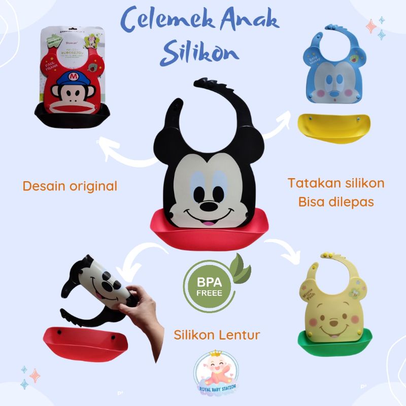 Celemek Anak Slabber Silikon Karakter Dengan Tatakan