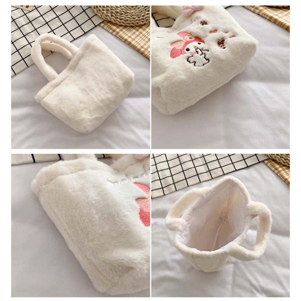 Tas Tenteng Bulu Sanrio Character Contestants CINNAMOROLL / Tote Bag Sanrio White Lucu Imut Gemoy Empuk Halus Karakter Kartun Cinnamoroll My Melody / Hand Bag Bulu Sanrio / Bucket Bag Bulu Sanrio