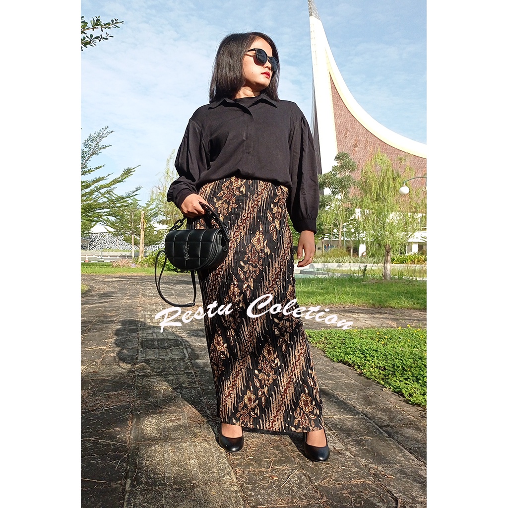 Rok Plisket Instan Motif Batik Cerry Cream Maroom Silver Dan Gold Bawahan Seragam Kebaya Wisuda Kondangan Bahan Premium