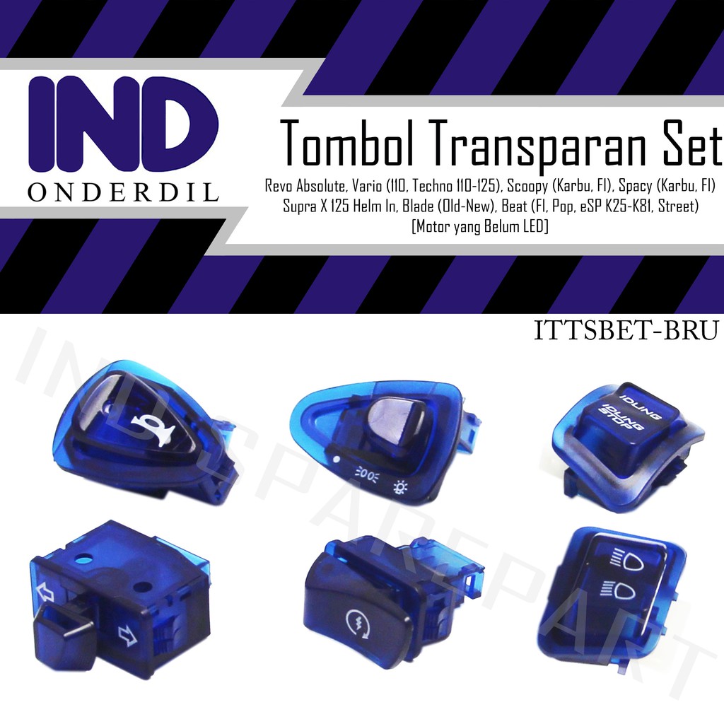 Saklar Tombol Transparan Biru 6 Pcs-Set Vario Techno 110-125-Scoopy Lama-FI-Supra X 125 Helm In