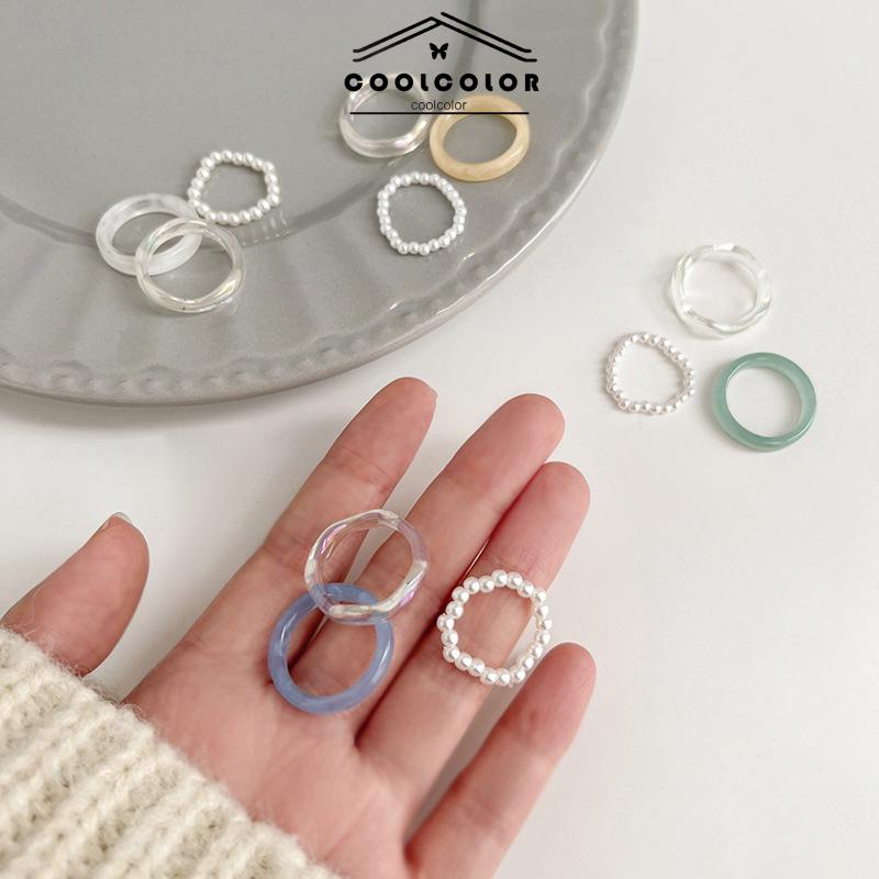 Murah❤️3 Pcs/Set Cincin Resin Korea Sederhana Ring Mutiara Wanita Anti Karat Dan Anti Luntur Set Untuk Hadiah Ulang Tahun Aksesoris Fashion COD