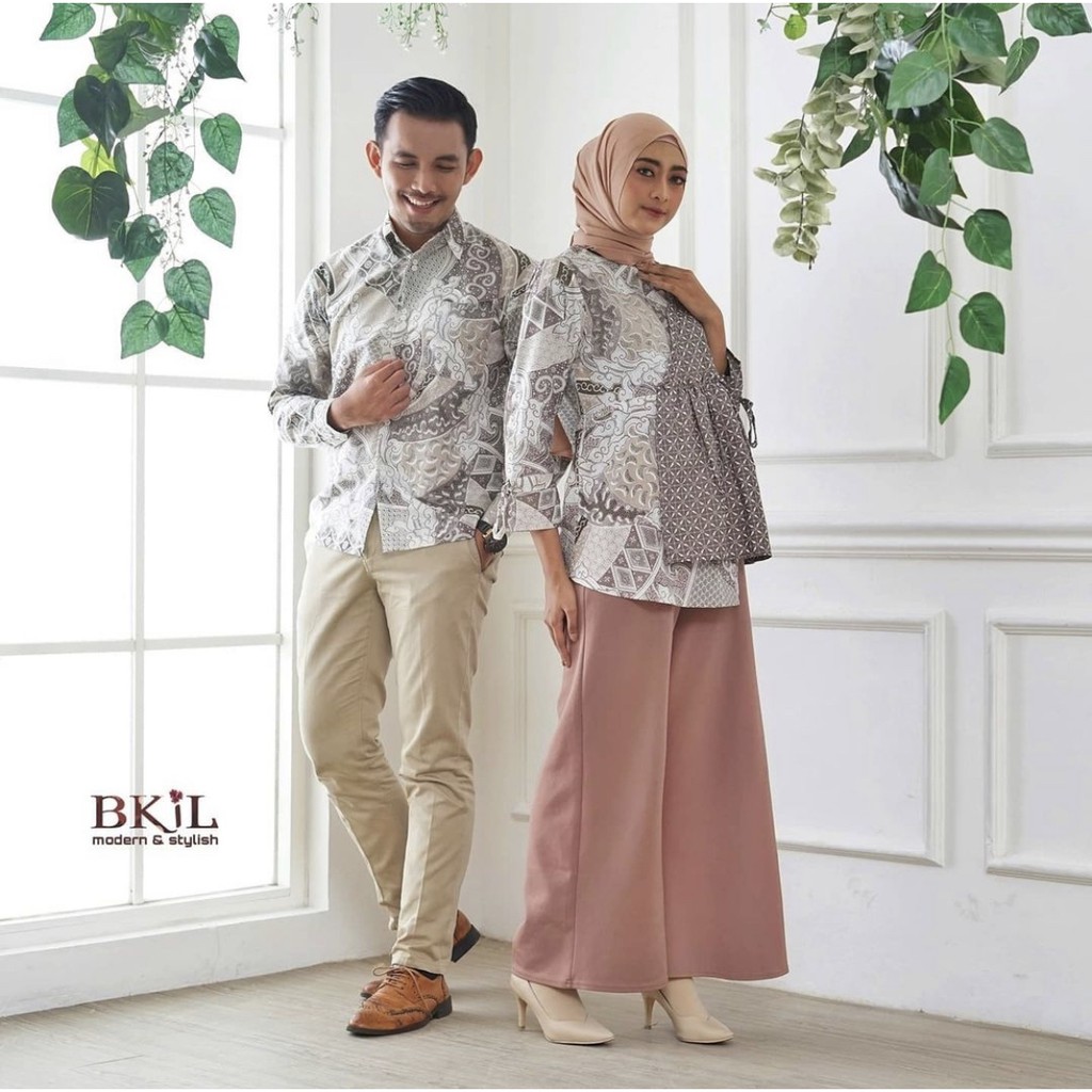 Couple Blus Sekar Gading Coklat Mega Mendung Soft Batik Atasan Batik Kerja Kantor Pesta Muslim