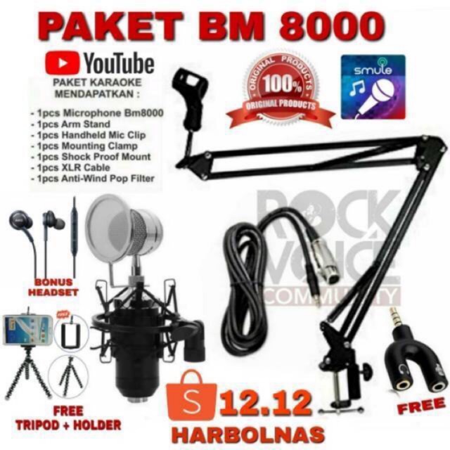PAKET REKAMAN MIC BM8000 / BM800 LENGKAP FREE TRIPOD DAN EARPHONE