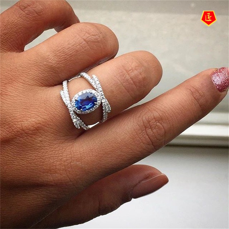 [Ready Stock]Inlaid Sapphire Shiny Diamond Ring Cute Fashion