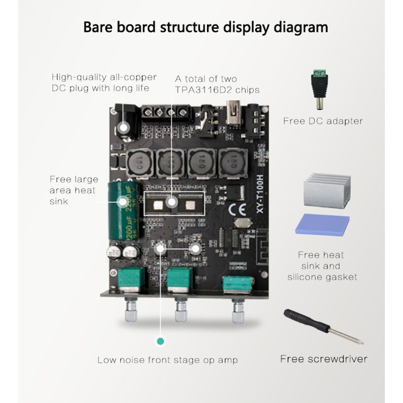 Btsg Amplifier Board Papan Amplifier 100W+100W Amp Board Dual Channel Pemasangan Mudah &amp; Password Gratis Sambung