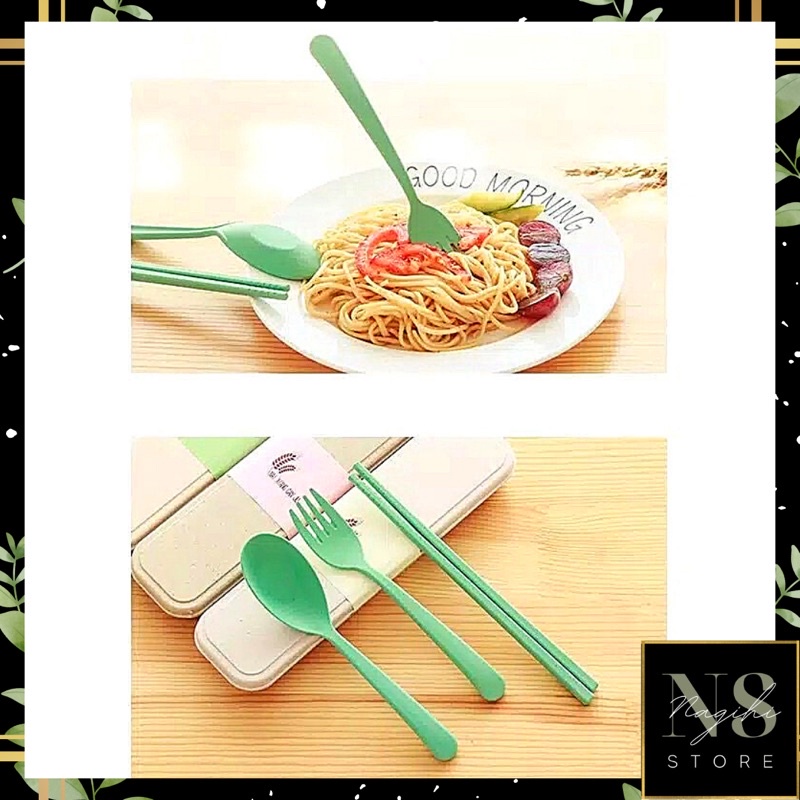 ✨NAGIHI✨ Sendok Set Garpu Sumpit sendok Bahan Jerami + kotak Sendok Set 3 in 1 Perlengkapan Makan