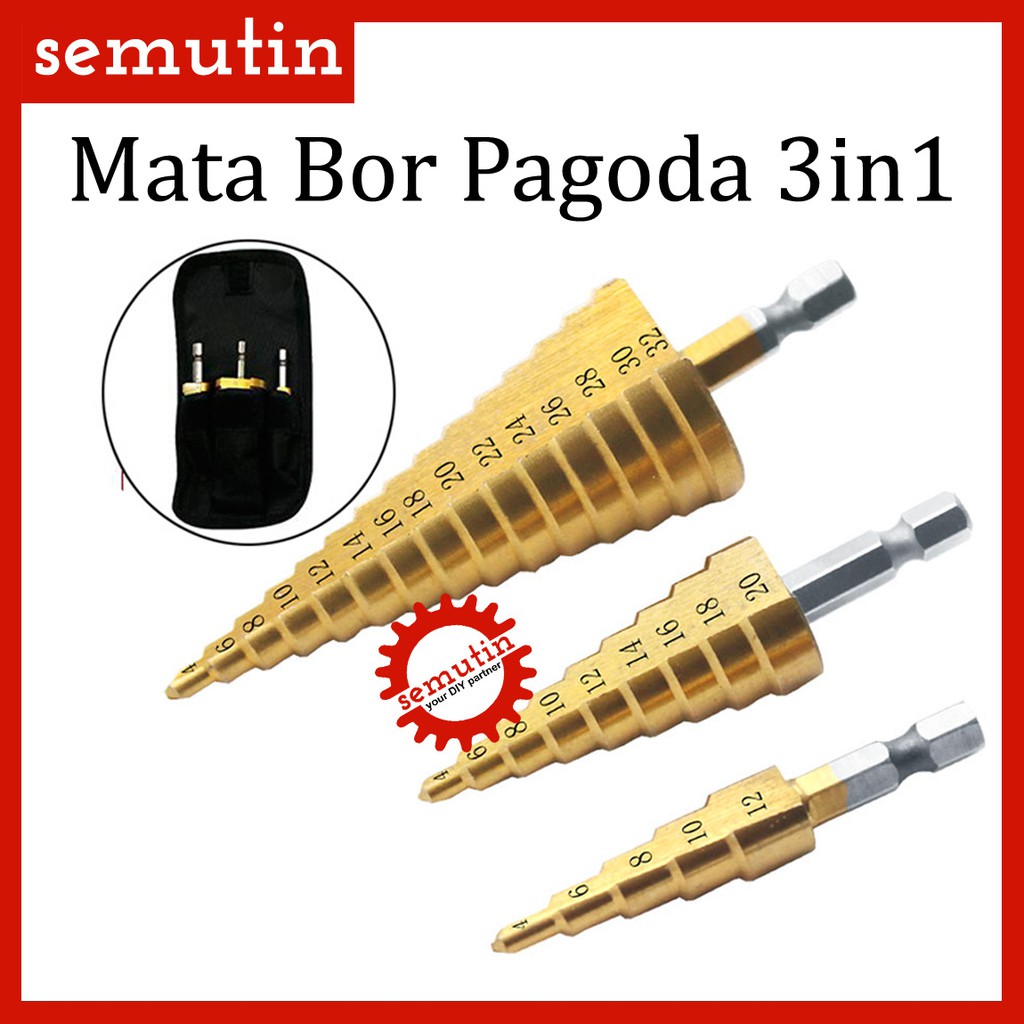 Mata Bor Pagoda 3in1 / Bahan HSS Lapis Titanium / Pouch
