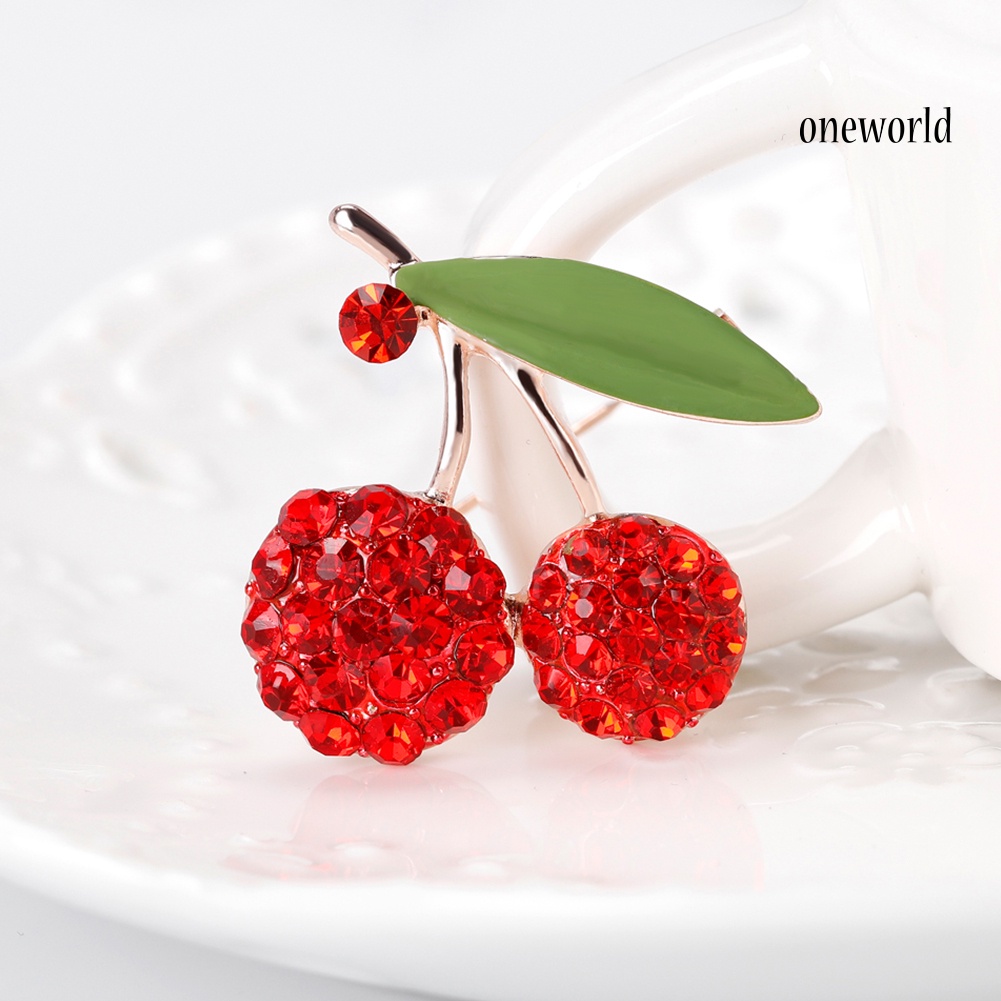 OW@ Women's Gorgeous Cute Red Rhinestone Cherry Leaf Fruit Brooch Pin Accessory