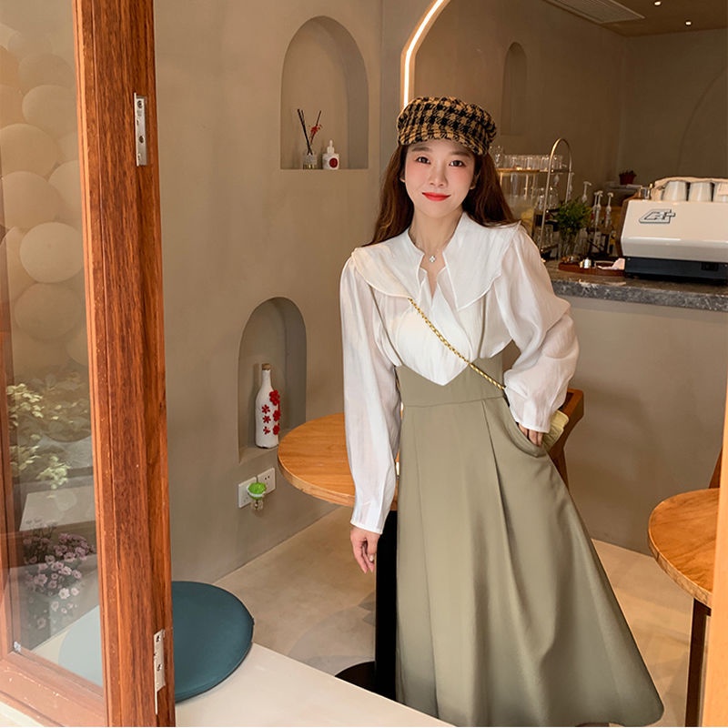 [littlecrab] Dress Wanita Hijau Putih Set 2 Pcs Dress Simple Elegan Dress Kerja Lengan Panjang Classic Simple Two Tone Dress Berkualitas High Quality Korean Style