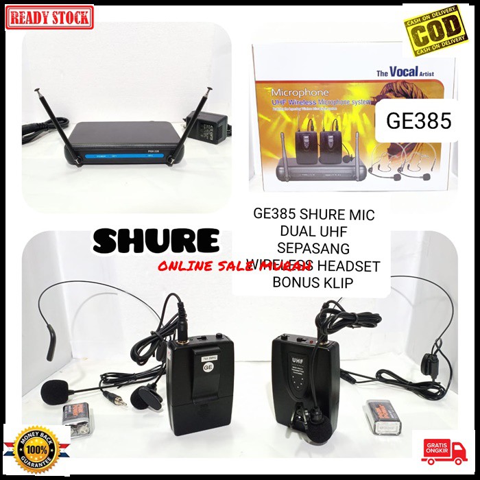 G385 Shure mic wireless sepasang headset bando kuping jepit dual uhf mik wireles klip clip dobel microphone kerah baju tie sepasang profesional pro kancing condesor system sistem vokal vocal panggung dj studio Kancing sensitif aux ceramah pidato acara mee